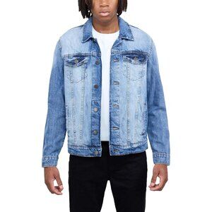 Mens Medium Blue Denim Jacket Washed Ripped Distressed Stretch Casual Trucker